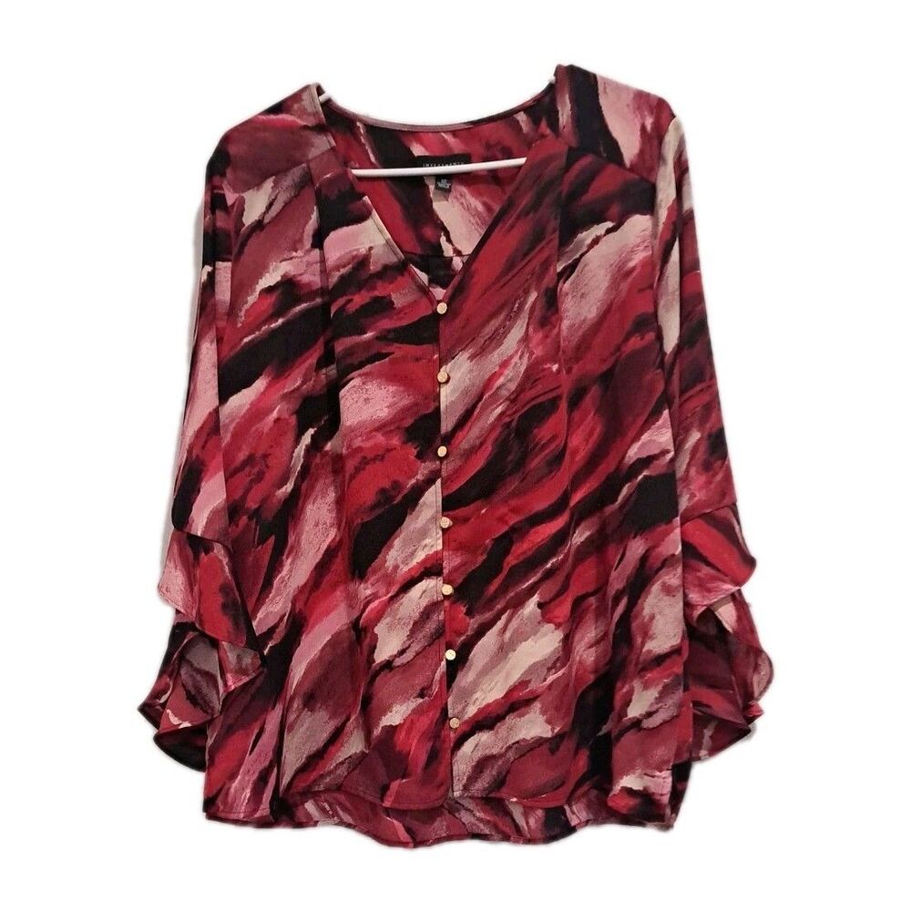 Investments Womens XL Blouse Top Red Black Marbled V Neck Button Bell Sleeve